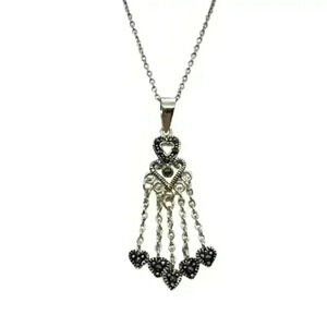 Vintage 925 sterling Silver Marcasite Heart Necklace With Long Dangle Charms